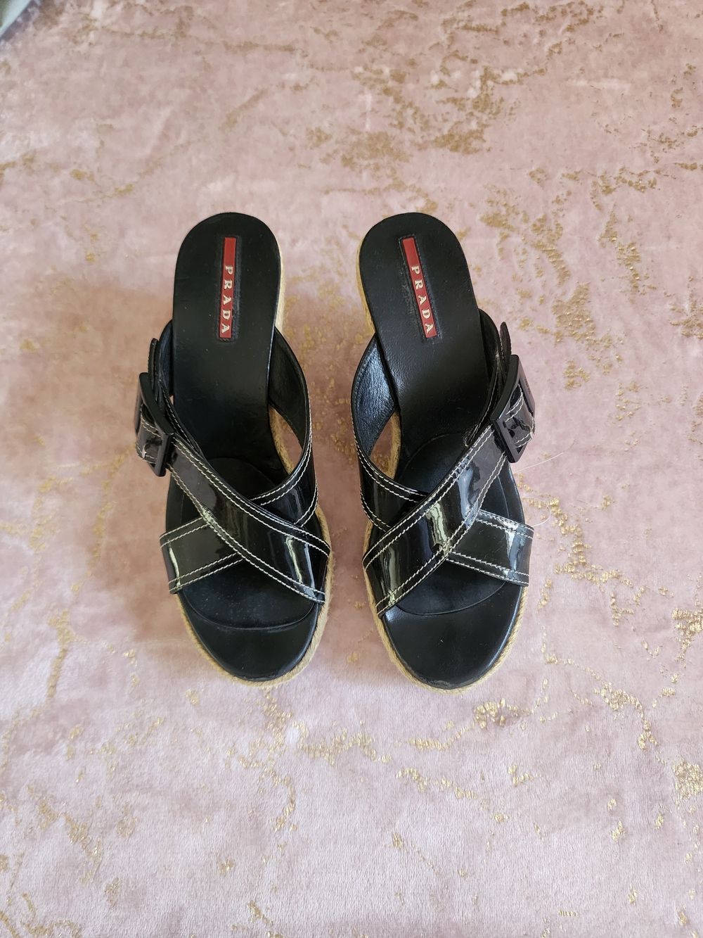 PRADA | Black Patent Leather Espadrille Wedge Sandals with Jute Platform - Picture 11 of 16